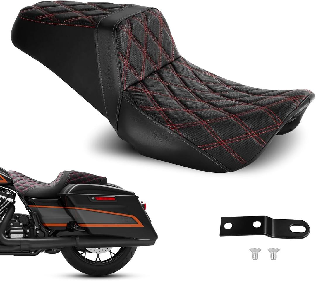 One-Piece Seat Driver & Passenger Seat 2-Up Fit For 2008-2025 2026 Harley Touring Road King FLHR Road Glide FLTR Street Glide FLHX Electra Glide Ultra Limited FLHT, Red Stitching