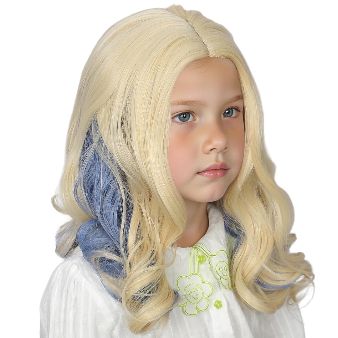 Linfairy Long Blonde with Blue Curly Wig Costume Halloween Party Wigs (Small)