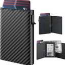typecase Mens Wallet Card Holder: Pop Up Aluminum Case, Genuine Leather, Smart, RFID Blocking, Slim, Minimalist, Front Pocket - 9-14 Card Capacity | ID Window | Cash Slot (Carbon Fiber)