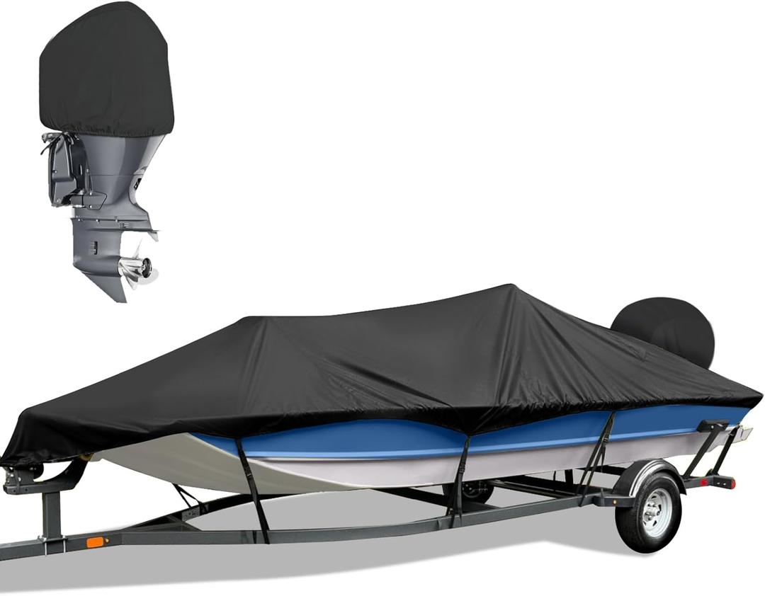 Bass Boat Covers 17-19ft, 600D Heavy Duty Waterproof Boat Cover 17 18 19 Foot with Motor Cover, Fits V-Hull Fishing Runabout Bowrider Boat - Canvas Protective Cover for 17'-19' Boats,Black (Length 17-19 ft, Beam Width: up to 96")