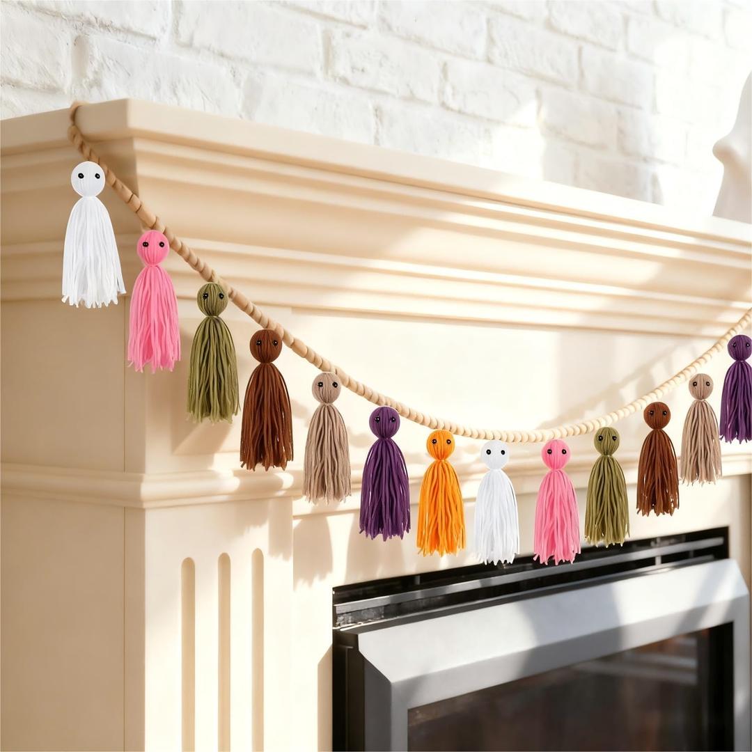 Tegeme 7ft Halloween Rustic Ghost Garland Decoration with Wooden Beads Rustic Ghost Banner Halloween Hanging Ghosts Garlands for Indoor Outdoor Wall Home Room Mantel Fireplace Decor(Witch Colors)