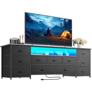 Huuger 63 Inch TV Stand for 65, 70 Inch TV, 11 Drawer Long Dresser with Power Outlets and LED Lights, Entertainment Center with Storage, Grey Dresser with PU Leather Surface, 13"D x 63"W x 26.8"H