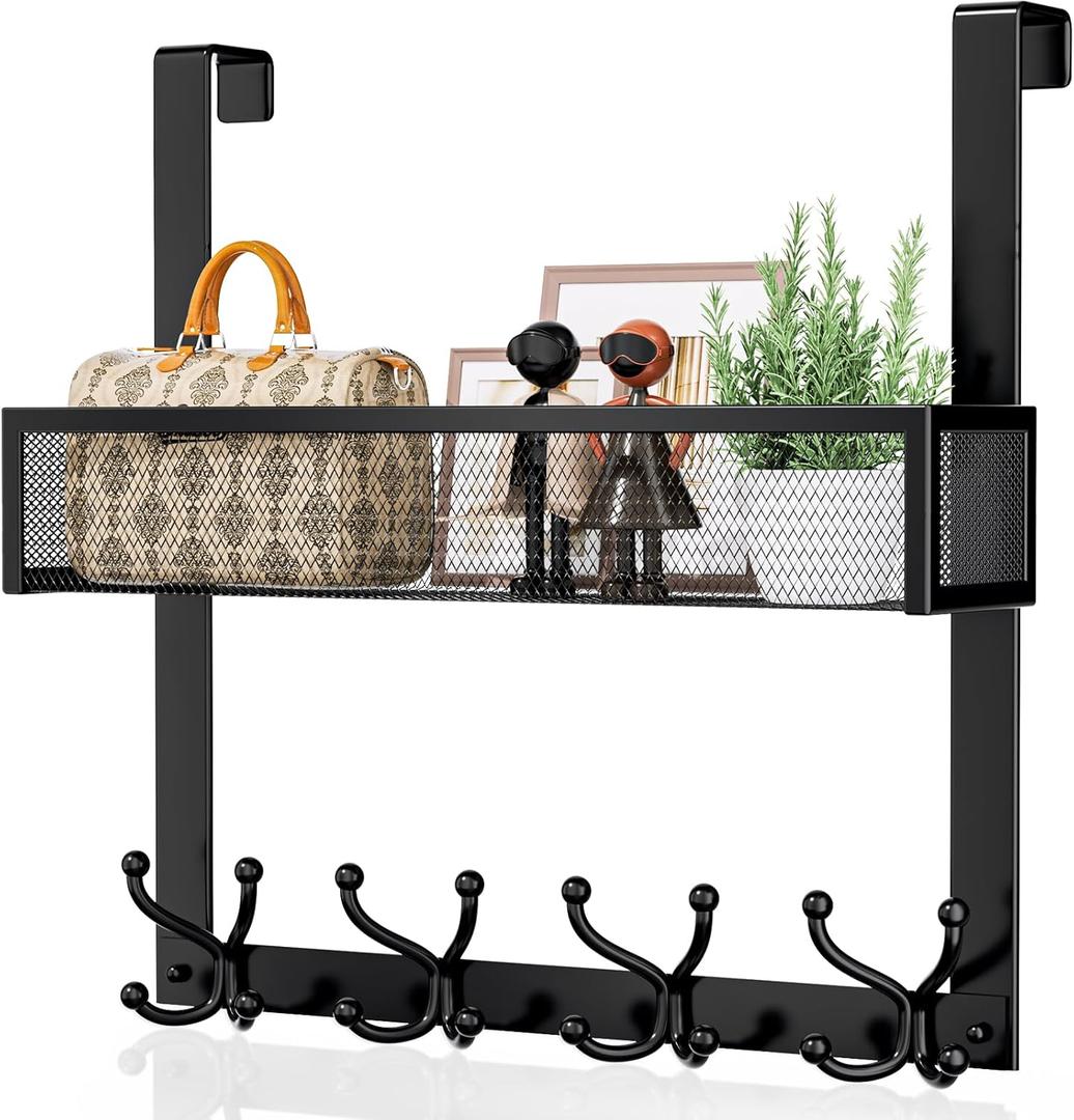 Consumest Over The Door Hooks Organizer - Over Door Hanger with 16 Hooks & 2 Baskets for Hanging Coat, Clothing, Towel, Back Storage for Bathroom, Closet, College Dorm, Black