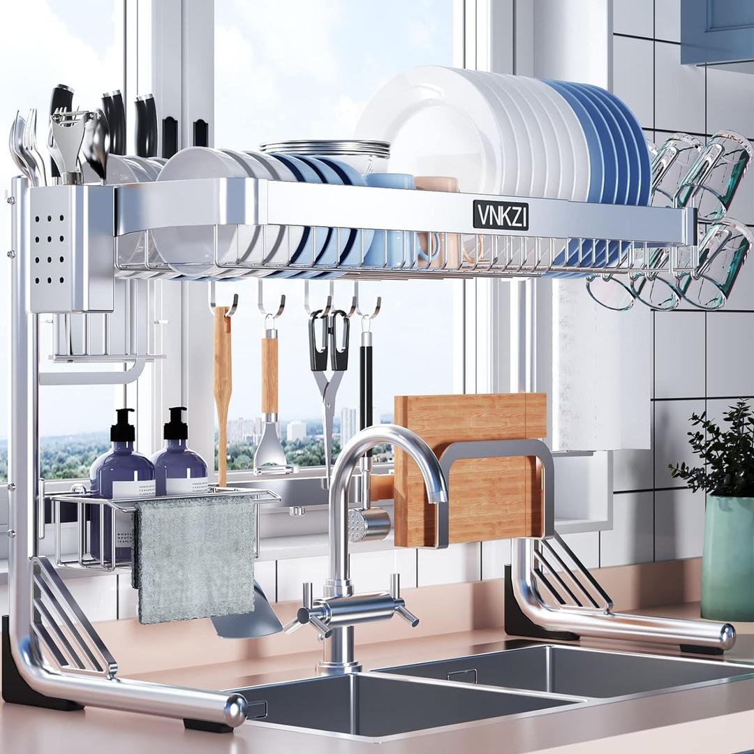 VNKZI Over Sink Dish Drying Rack, 2 Tier Full Stainless Steel Storage Adjustable Length (25.98'' to 36.61'') Kitchen Rack, Multifunctional Expandable Counter Organizer, Space Saver Dish Rack (Silver)