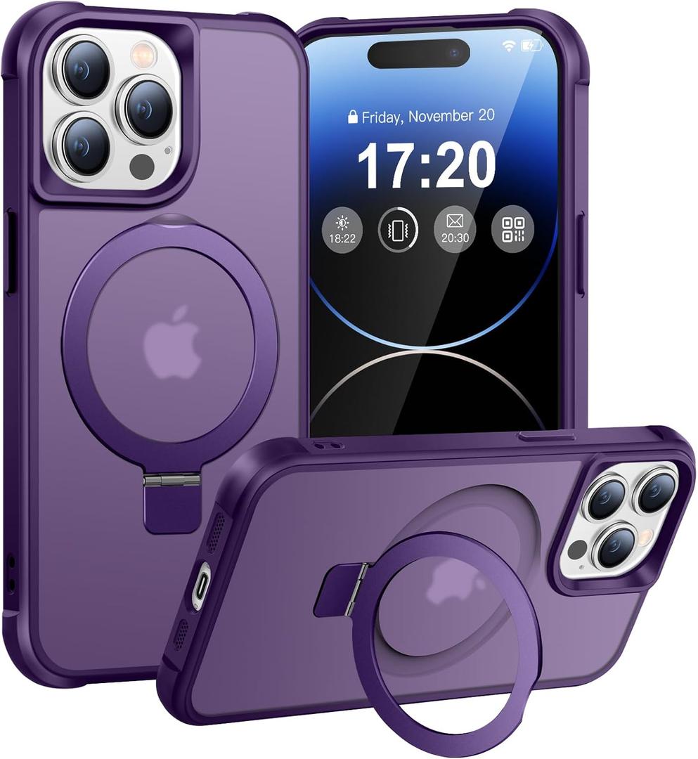 Magnetic Ring Stand Case for iPhone 14 Pro Max - 120° rotatable Stand, N52 Magnet, Non-Slip, Easy to Clean, Shockproof, Matt Transparent Back, Military Standard Drop Protection (Violet)