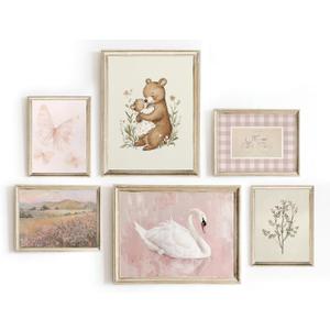 Vintage Nursery Wall Art Pink Baby Girl Room Decor Floral Bear Swan Canvas Prints Animals Plant Artwork Country Posters for Kids Room Bedroom 8x10x4 12x16x2 lnch Unframed (10L''x8W''poster)