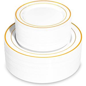 Pryntono 200PCS Gold Plastic Plates, Disposable Party Plates with Gold Rim, Include 100 Dinner Plate and 100 Elegant Dessert Plate for Party and Wedding