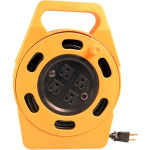 Woods 2801 Extension Reel with Four 3-Prong Power Outlets; Heavy Duty Retractable Cord; User Friendly; Made of Flame Resistant Materials; 10 AMP Circuit Breaker; 25 Foot; Yellow; Orange