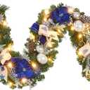 Pre-Lit Christmas Garland with Christmas Tree Icon Ribbon and Magnolia, 25 LED Lights with Timer, 6ft Lighted Silver Blue Garland for Front Door, Mantel, Holiday Decoration, Magnolia Winter Decor