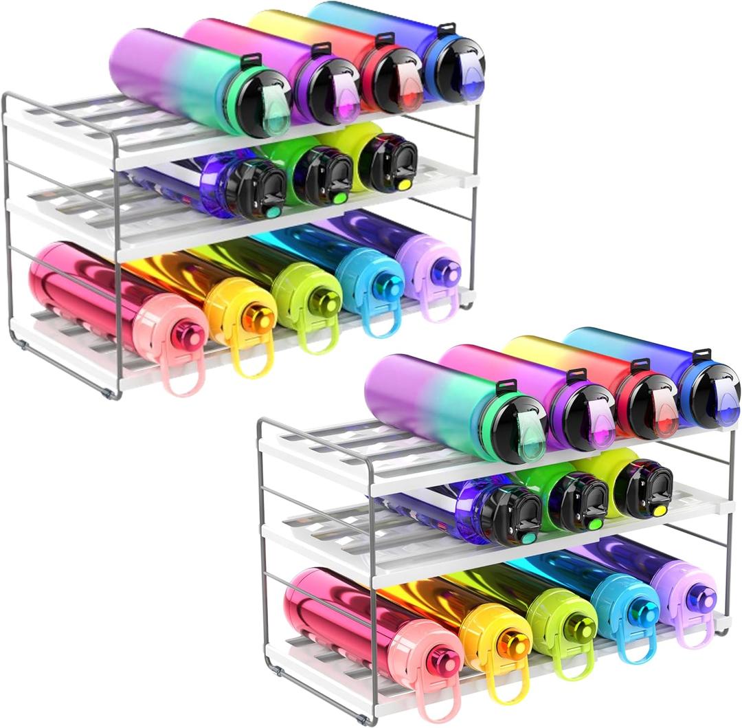 YAN & HIN Water Bottle Organizer for Cabinet, 3-Tier Expandable Bottle Storage Rack, Adjustable Height Holds 15 Bottles, Tumbler & Baby Bottle Organizer for Kitchen Pantry Counter (2 Pack) (Set of 2)