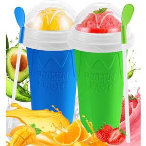 Slushie Cup, 2 Pack DIY Magic Slushy Maker Cup, Portable Frozen Slushy Cups for Juice Milk Yogurt Ice Cream Make, Reusable Smoothie Cup with Lid & Straw for Kids Family Friends (Blue+Green)