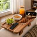Couch Armrest Table with Cup Holder – Acacia Wood Sofa Arm Tray, 360° Rotating Phone & Tablet Holder, Detachable Couch Caddy, Anti-Slip Clip-On Remote Organizer for Drinks & Snacks