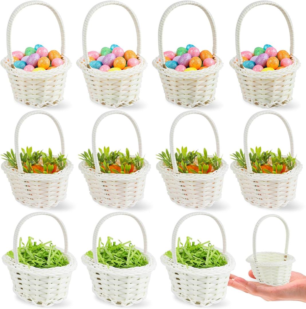 FOIMAS 12pcs Mini Easter Baskets with Handles 100pcs Colorful Easter Eggs and 12pcs Artificial Carrots Shred Grass for Easter Party Favor Decoration Craft Supply