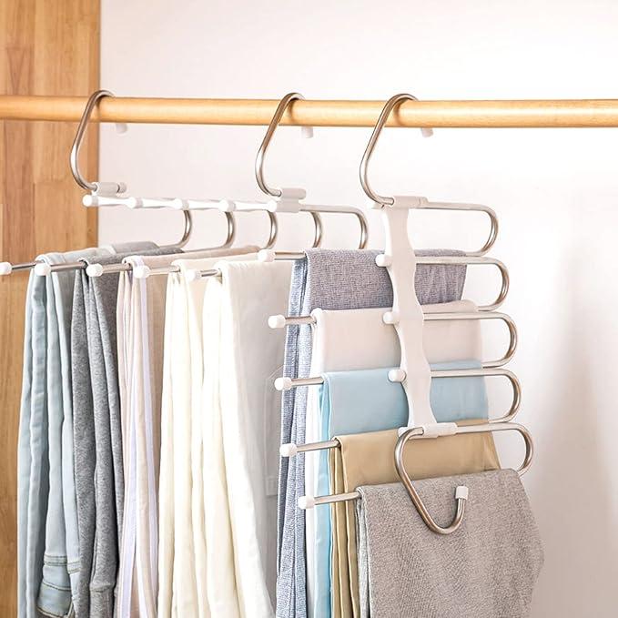 Pants Hangers Space Saving - 4 PCS Closet Organizer and Storage Jean Hangers, Stainless Steel Anti-Slip Clothes Hanger Scarf Holder Pants for Jeans Leggings Trousers Rack for Back to School, White