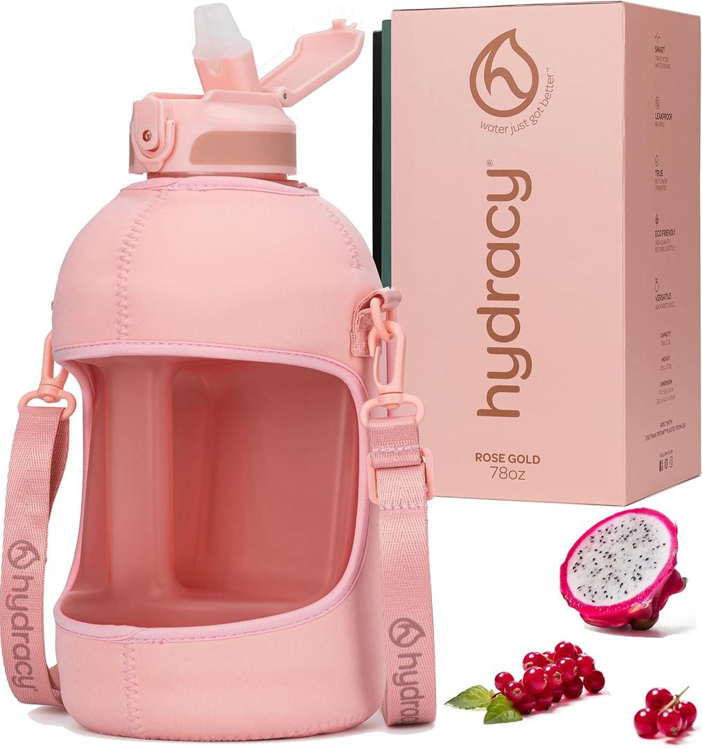 Hydracy Water Bottle with Time Marker -Large BPA Free Water Bottle & No Sweat Sleeve -Leak Proof Gym Bottle with Fruit Infuser Strainer & Times to Drink -Ideal for Fitness Sports & Outdoors (Rose Gold)