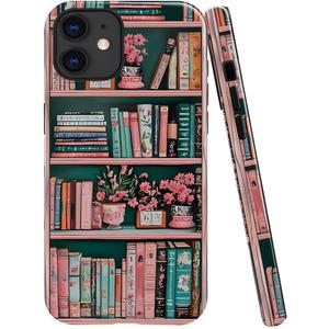 Case Compatible with iPhone 11,Fall Prevention Bright Hybrid 2-Layer Hard Shell Phone Case for Girls Boys,Floral Bookshelf Retro Pink