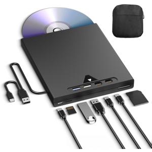 External Blu Ray Drive for Laptop, 7 in 1 Support 100G Disc Read/Write Bluray Drives, Portable External Bluray/DVD Drive for PC with USB 3.0 Type-C, 3D Blu Ray Burner with Bag for Windows MacOS Linux