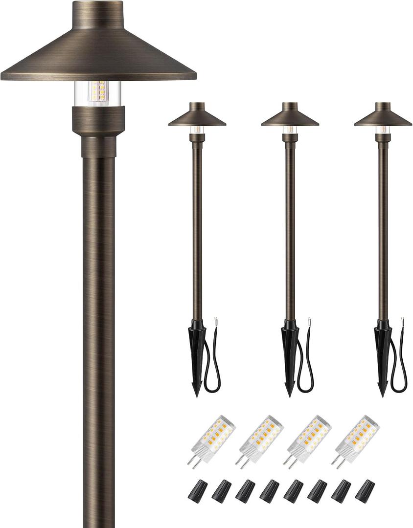 EDISHINE Solid Brass Low Voltage Landscape Lighting with G4 Bulbs 4 Pack, 22" Tall