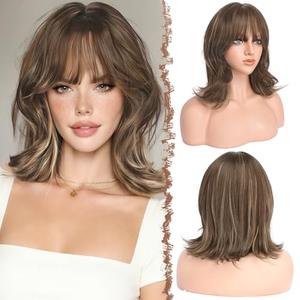FESHFEN Shoulder Length Bob Wigs with Bangs for Women - Brown Mixed Honey Blonde Natural Layered Wavy Synthetic Wig For Daily Party Costume Use 14 Inch