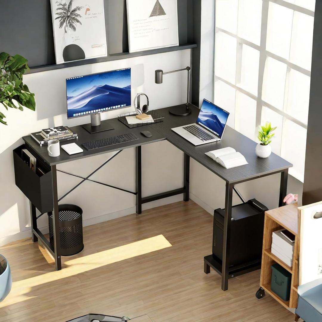 L Shaped Computer Desk, 49 Inch Corner Work Table with CPU Shelf & Side Bag, Wooden PC Table for Writing Study Home Office, Black (Black 49inches)