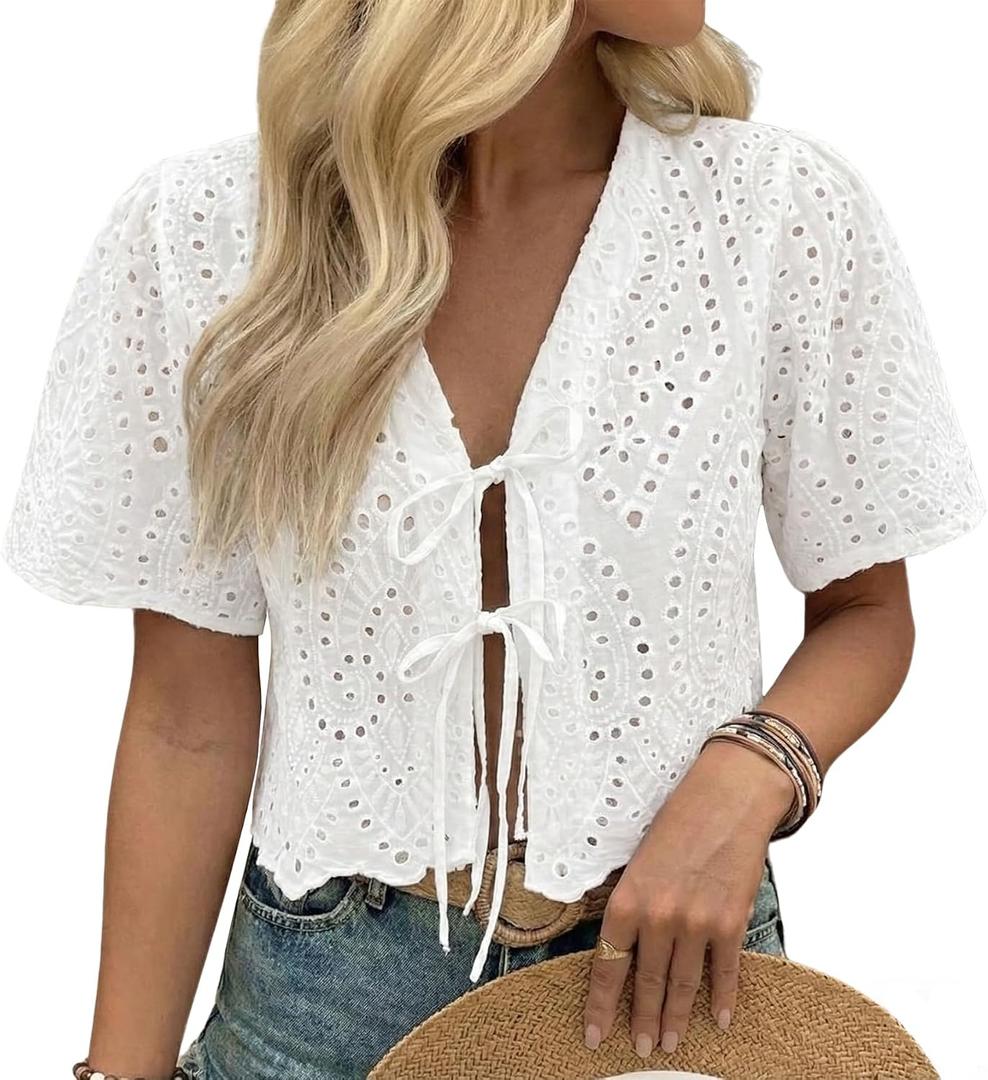 Women's Summer Vacation Eyelet Lace Blouse 100% Cotton Tie Front Short Sleeve Cropped Top, L