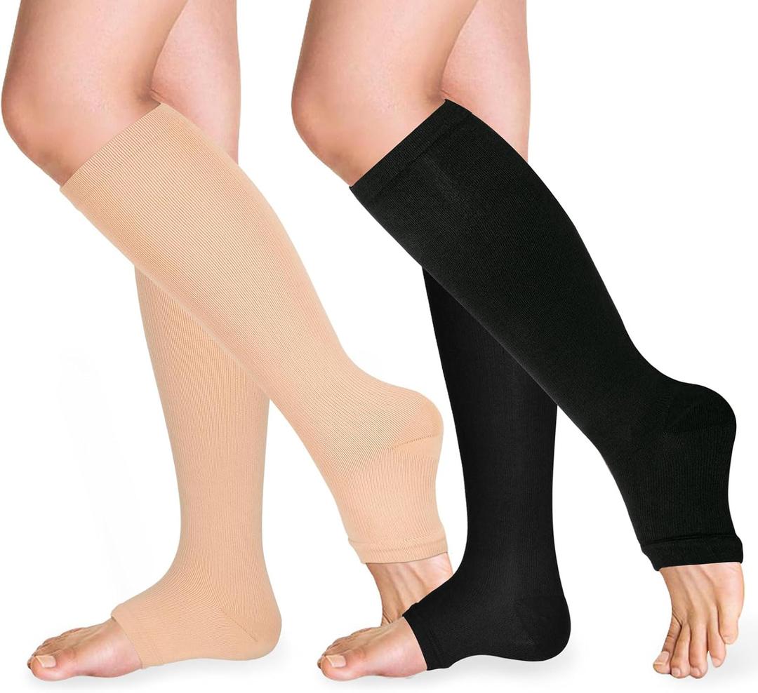 Open Toe Compression Socks 15-20 mmHg for Women and Men Knee High Toeless Circulation Compression Stockings (Small-Medium, Black/Nude)