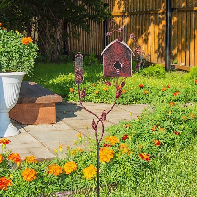 VEWOGARDEN Metal Bird Houses for Outside with Pole, Outdoor Bird House Feeder for Patio Yard Garden Decorations, Copper