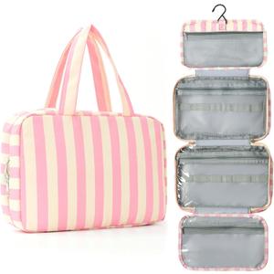 Toiletry Bag for Women Travel Water-resistant Cosmetic Bag Fashion Stripes Makeup Bag with Hanging Hook Preppy for Store Toiletries Cosmetic Accessories Medium Pink