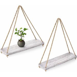 Comfify Hanging Shelves for Wall - Set of 2 Rustic Farmhouse Boho Shelves with String 17x5.2 Thick Distressed, Torched Look Real Wood - Rustic White