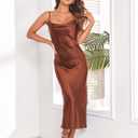 Women's Spaghetti Strap Midi Satin Silk Dresses Slip Cowl Neck Party Cocktail Evening Sexy Dress (Brown, XL)