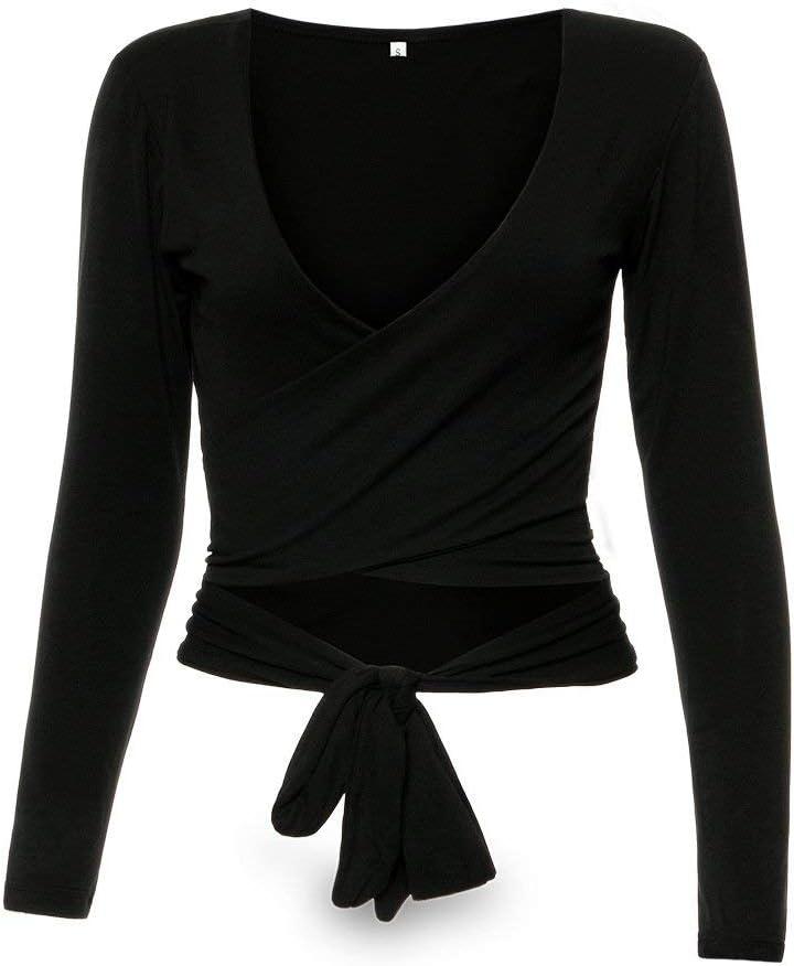 Famulily Women's Sexy Deep V Neck Bandage Surplice Wrap Crop Top (Small, Black)