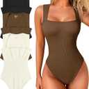 OQQ Women's 3 Piece Bodysuits Sexy Ribbed Strappy Square Neck Sleeveless Tummy Control Tank Tops Bodysuits Large, Black, Coffee, and Beige 