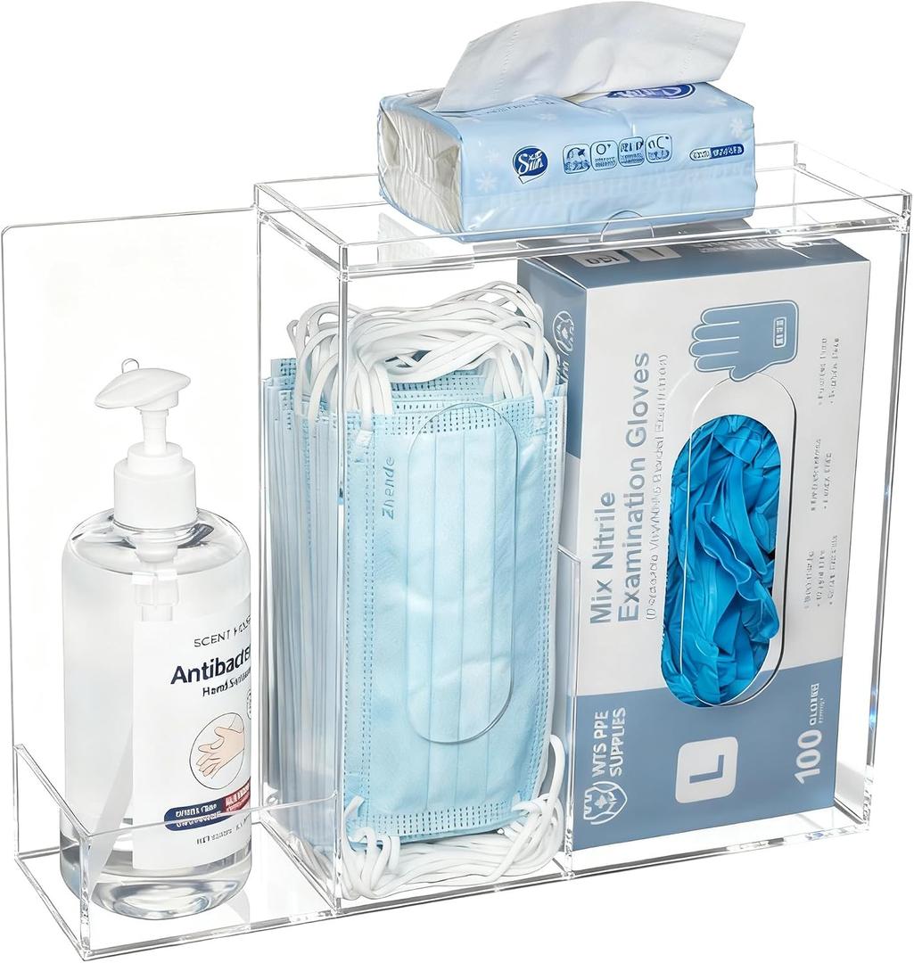SEANADO Face Mask Dispenser 3 Compartment Acrylic Glove Box Holder Hygiene Station for Disposable Face Masks, Emesis Bag, Shoe Cover and Hairnet, Wall Mount Holes or Tabletop Holder Clear