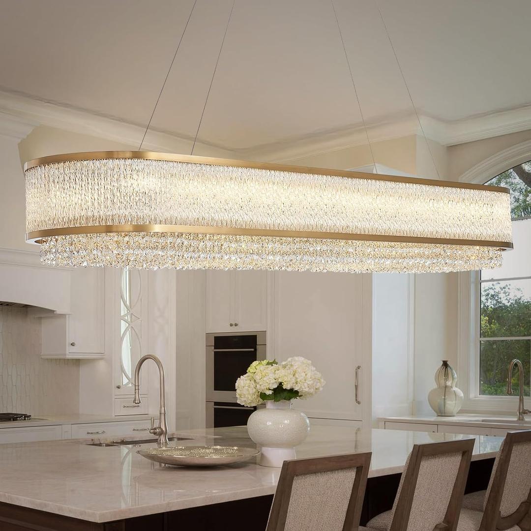 Gold Oval Crystal Chandelier L47.2 inch, 18-Lights Gold Chandeliers Modern Crystal Chandelier Pendant Light Fixture E12 Lights Pendant Ceiling Light for Dining Living Room Kitchen Island, Rectangle L47.2'