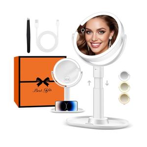 B Beauty Planet Vanity Mirror with Lights, 30X Magnifying Makeup Mirror with 3 Lighting and Adjustable Brightness, Rechargeable 2-Sided Height Adjustable Desk Mirror for Bathroom, Women Gifts for Mom