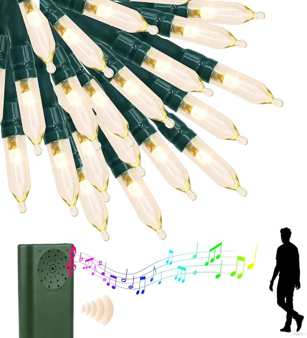 33ft 100 LED String Lights,Battery Christmas Music Light Waterproof,Motion Sensor Christmas Lights with 6 Modes for Indoor Outdoor Yard Patio Garden Xmas Tree Decor (Music Warm White)