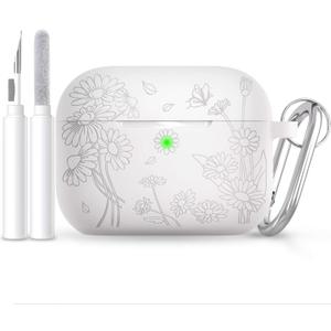 for AirPods Pro 3 Case (2025) DamonLight Daisy Floral Engraved Shockproof Protective Soft Silicone Case Cover with Cleaning Pen and Keychain for Apple Airpods Pro 3rd Generation(White)