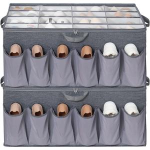 Shoe Organizer for Closet, Shoe Storage Solution with Clear Cover & Adjustable Dividers, Fabric Shoe Box Fits 16 +12 Pairs Shoes, Grey, 2-Pack