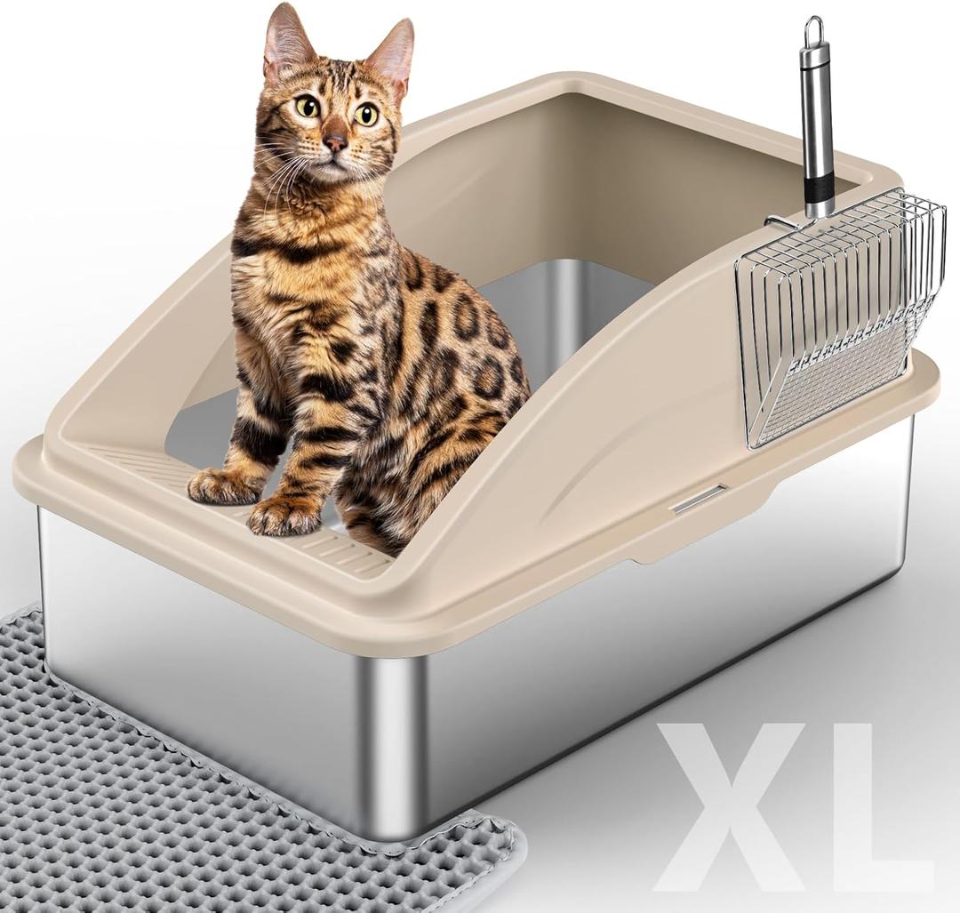Stainless Steel Litter Box, Extra Large Litter Boxes for Big Cats, XL Metal Cat Litter Box with Lid, Anti-Urine Leakage, Non-Sticky, Include Cat Mat and Litter Scoop (X-Large, Beige)