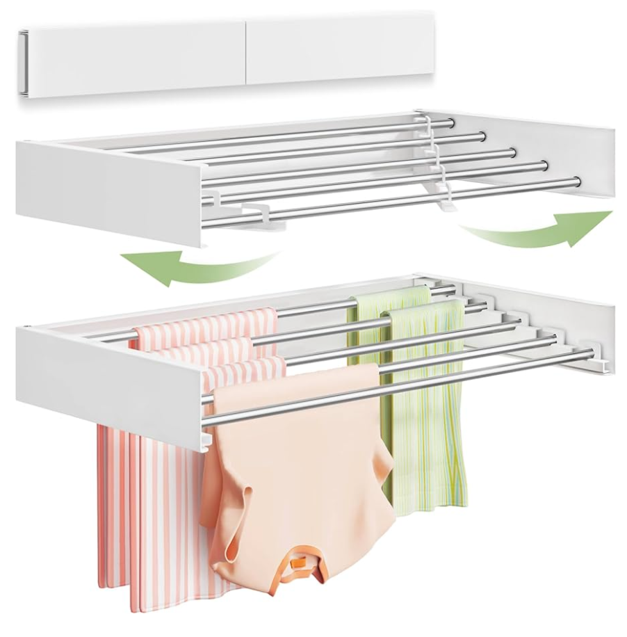 Wall Mounted Clothes Drying Rack 32", Foldable Wall Mount Laundry Rack Folding Indoor, Drying Rack Clothing Collapsible, Hidden Space Saver with Wall Template, 5 Rods, White