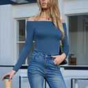 Totatuit Womens Off Shoulder Tops Long Sleeve T Shirt Cute Y2K Going Out | Flattering Silhouette Design, Highlights Collarbone Elegantly, Relaxed Fit for Every Body Type (Blue)
