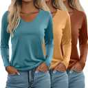 Ficerd 3 Pack Women's Long Sleeve T Shirts, V Neck Basic Tops Fall Casual Trendy Tees Loose Fit Soft Clothes Outfits(Caramel, Ginger Yellow, Lake Blue, X-Large)