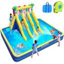 ELEMARA 20.66x16.4FT Inflatable Water Slide for Big Kids, Water Park for Kids Backyard with Large Double-Layer Pool,3 Extra-Long Slides,Climbing Wall, 2 Water Cannons, Water Spraying, 750W Air Blower (Blue)