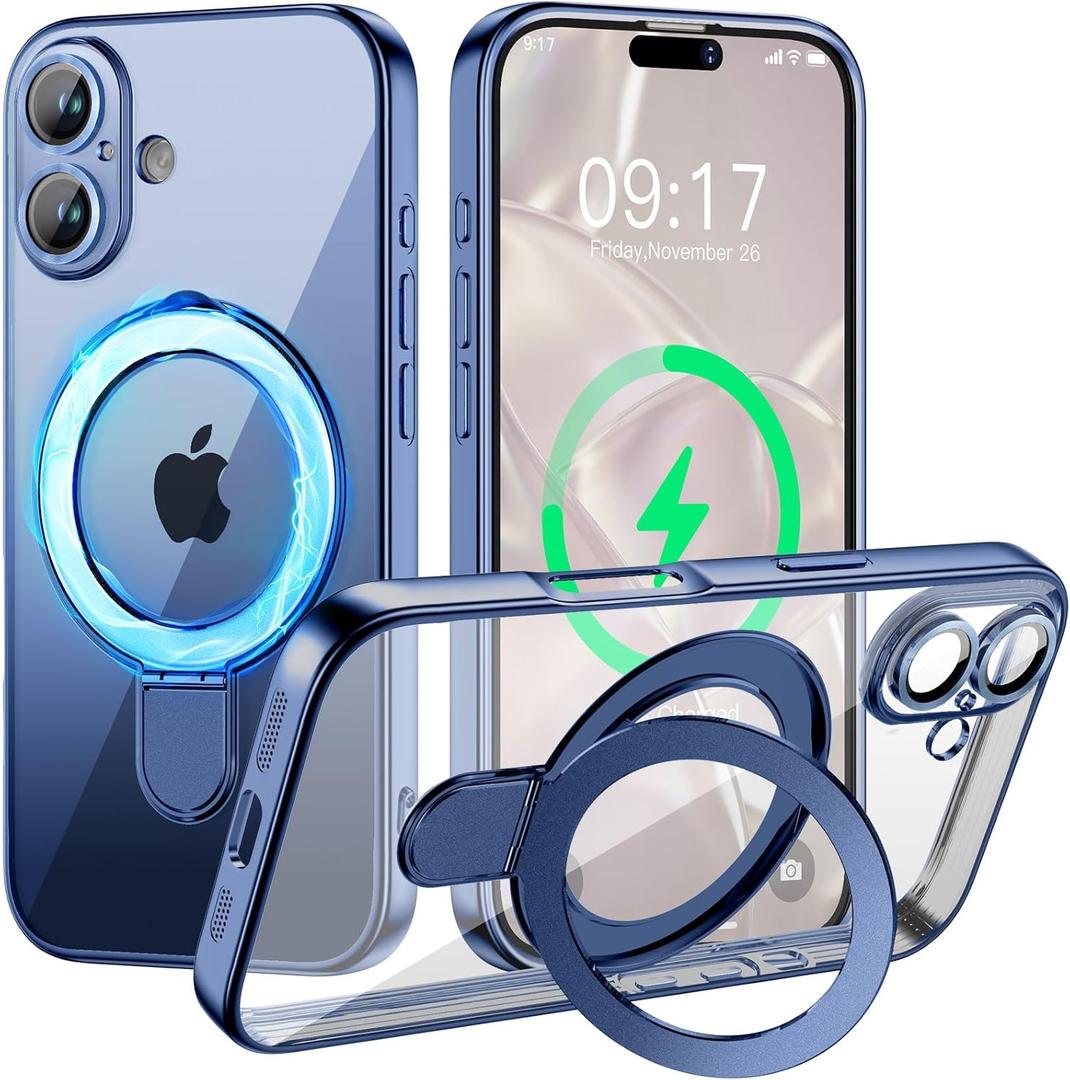 Magnetic for iPhone 17 Case with Invisible Stand[Compatible with MagSafe][Full Camera Lens Protector][Military Drop Protection] Shockproof Not Yellowing Clear Slim Soft for Women Men (Blue Titanium)