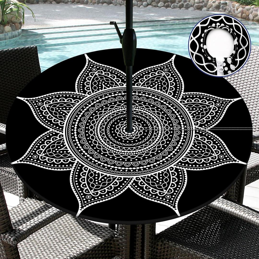 Outdoor Tablecloth with Umbrella Hole Waterproof Polyester Round Fitted Tablecloth with Elastic Zippered Table Cloth Round Cover for Picnic, Party (Black, 36''-44'')