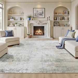 8x10 Rugs for Living Room, Neutral Large Abstract Area Rug, Non-Slip Machine Washable Carpet, Bedroom Dining Room Modern Decor, Soft Low Pile Kids Pet Friendly Cream Beige