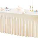 1 Pack Ivory Table Clothes for 4 Foot Rectangle Tables, One-Piece Wrinkle Resistant Stretch Spandex Table Covers with Skirt for Event Banquet Wedding Birthday Party