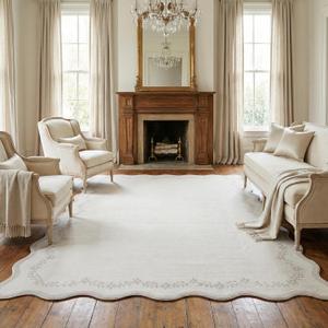 GarveeHome Scalloped Area Rugs 8x10 for Living Room, Large Neutral Washable Rug Soft Non Slip Backing Floor Mat Carpet Indoor Thin Rug for Bedroom Dining Room Playroom Nursery Home Decor