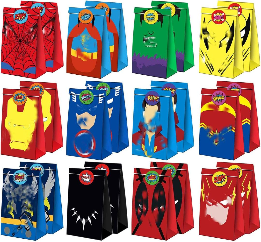 Mioyuo 24PCS Hero Party Favor Bags  Paper Gift Bags for Birthday Party Supplies, Hero Theme Goodie Bags for Party Decorations and Treat Bags