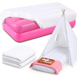 Windyun 2 Sets Kids Air Mattress Bulk with Fitted Sheet,Toddler Inflatable Bed 63 x 27 x 8 Inches Blow up Airbed Camping Sleeping Pad for Aged 3-10 Years Old Birthdays Slumber Sleepover Party (White)